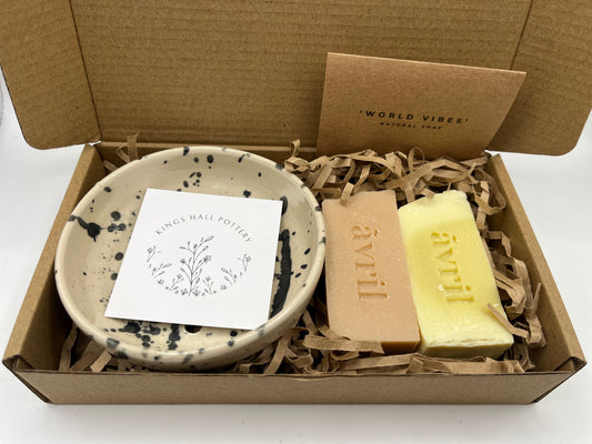 Handcrafted Gift Box – Ceramic Soap Dish + 2 Vegan Artisan Soaps